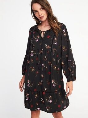 Old Navy Black Floral Dress with Velvet Trim